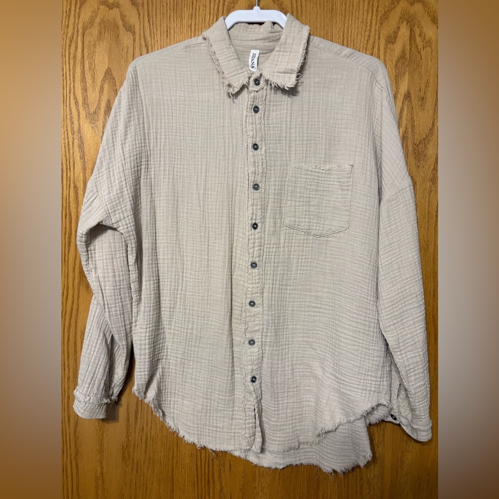 Zenana Outfitters Casual Beige Button-Down Shirt